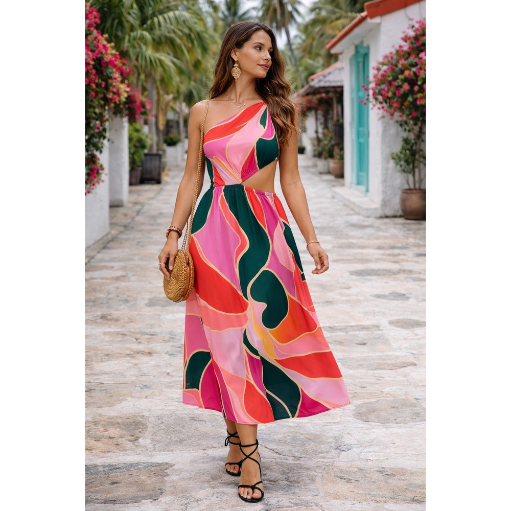 TYCHE Multicolor Abstract Cutout One Shoulder Midi Dress L Colorful Resort Bold